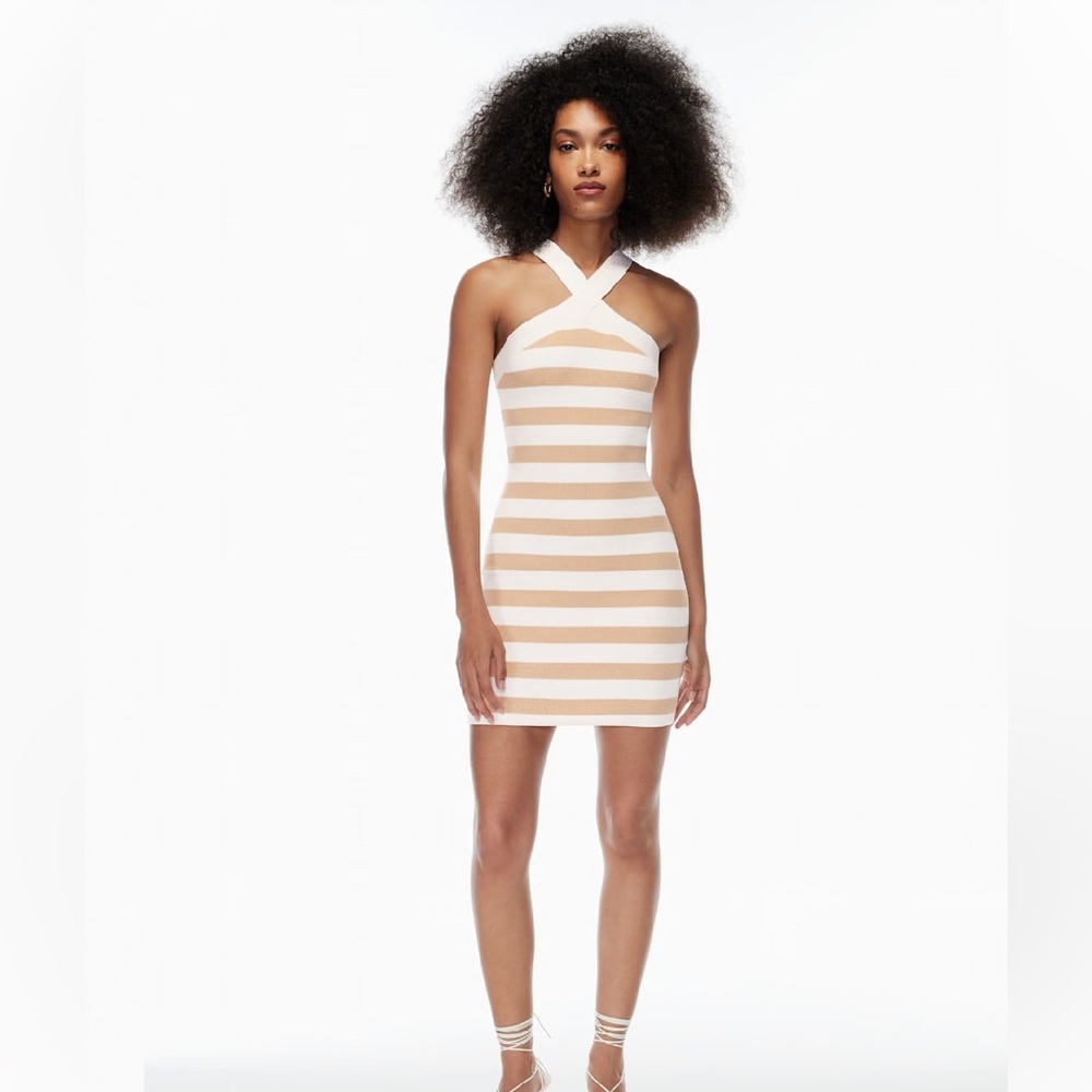 Aritzia White and Navy Striped Rib Knit Halter Mini Dress - Criss Cross - Size S